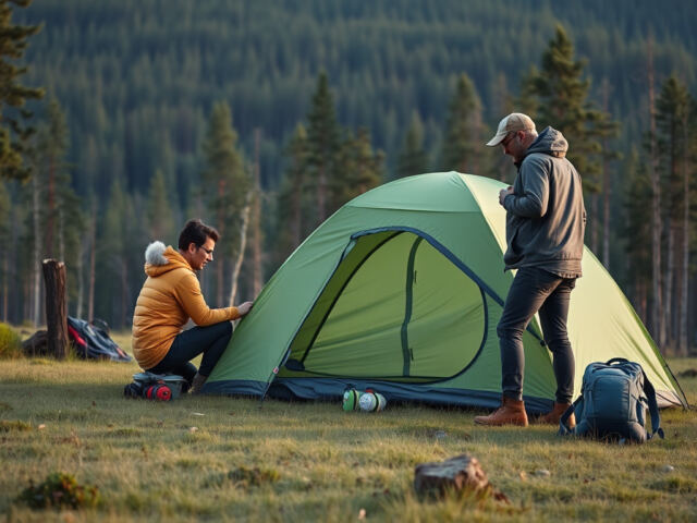 Kaksi hikeriä pystyttää vihreää kahden hengen telttaa metsän reunassa aukealle niittyauluoneelle, reput maassa vieressä.