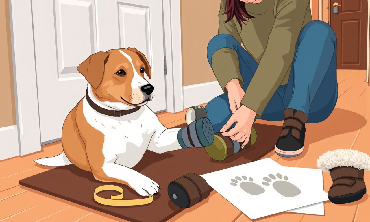Dog owner fitting a fabric boot with a velcro strap onto a dog's front paw, with a tape measure and a paper sheet with a traced paw outline on the floor beside them.
