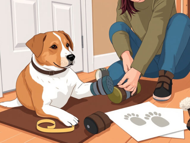 Dog owner fitting a fabric boot with a velcro strap onto a dog's front paw, with a tape measure and a paper sheet with a traced paw outline on the floor beside them.