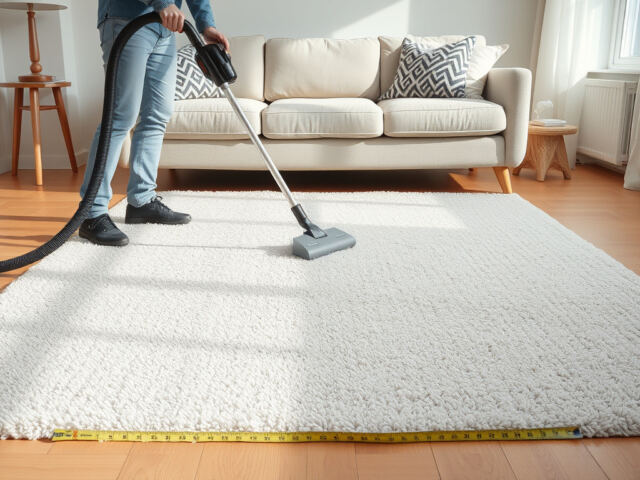 Vaalea 160x230 cm matto olohuoneen sohvan edellä, henkilö imuroi lyhytnukkaista pintaa ja mittanauha näkyy maton reunalla.