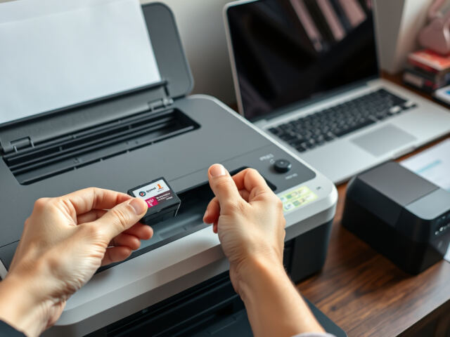 Henkilö vertaa magentaväristä mustekasettia avoimen tulostimen ohjeita vasten kotitoimiston pöydällä