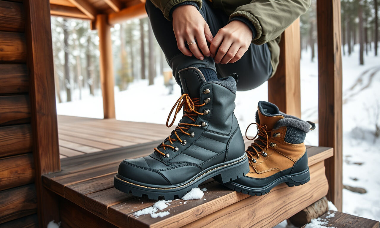 Pariskunta pukee Gore-Tex-kenkiä päälle mökin ovella talvisessa metsässä ennen vaellusreitille lähtöä.