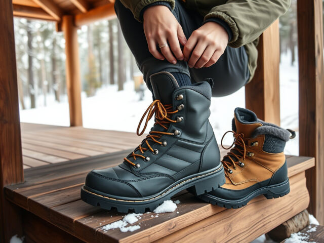 Pariskunta pukee Gore-Tex-kenkiä päälle mökin ovella talvisessa metsässä ennen vaellusreitille lähtöä.