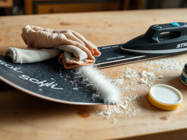 Hiihtäjä pyyhkii suksen pitokarvaa karvan suuntaisesti kuituliinalla hiihtopöydällä, luistopohja ja voiteluvälineet vieressä.