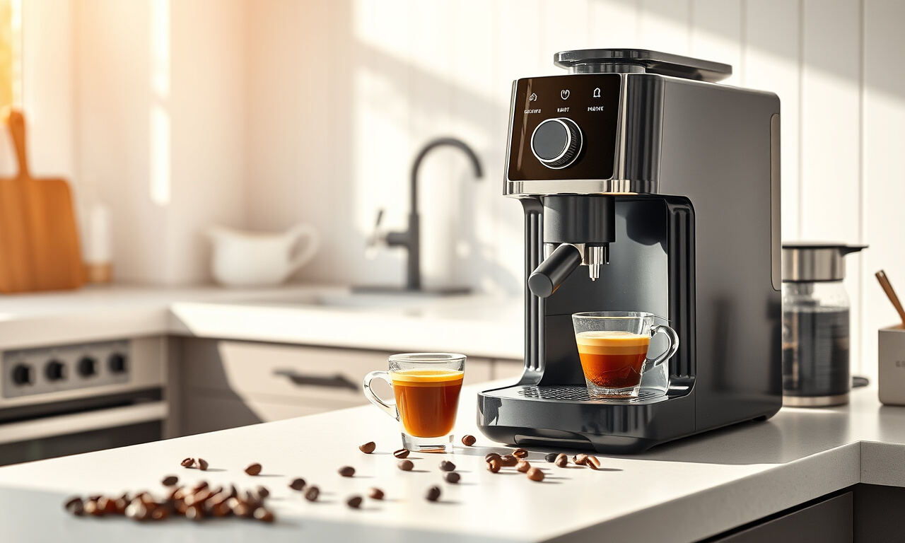 Kodin keittiön työtasolla seisova täysautomaattinen espressokahvikone, jonka vieressä on kuppi ja kahvipapuja