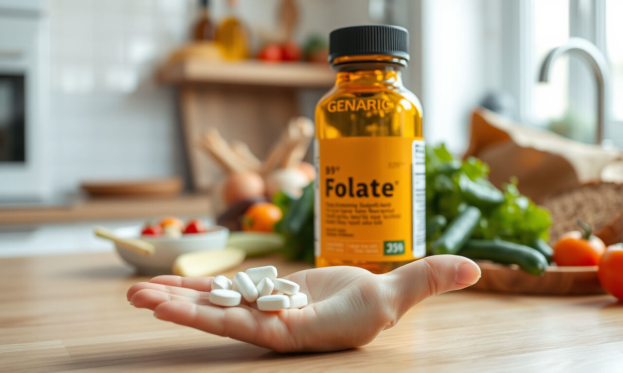 Pöydällä avattu ravintolisäpurkki, josta tabletit kaadetaan kämmenelle, taustalla hedelmiä ja kasviksia edustamassa ruokavalion folaattilähteitä.