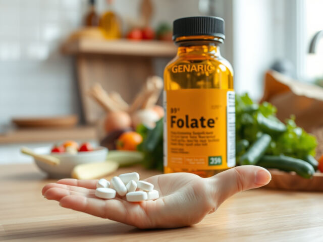 Pöydällä avattu ravintolisäpurkki, josta tabletit kaadetaan kämmenelle, taustalla hedelmiä ja kasviksia edustamassa ruokavalion folaattilähteitä.